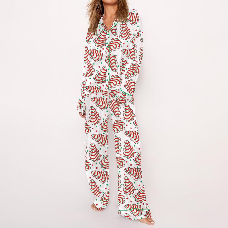 Christmas Tree Cakes Pajama Set For Women Print Comfy Satin Sleepwear & Loungewear Pjs Short Sleeve Top & Bottoms Shorts Without Pockets - SHESHOW